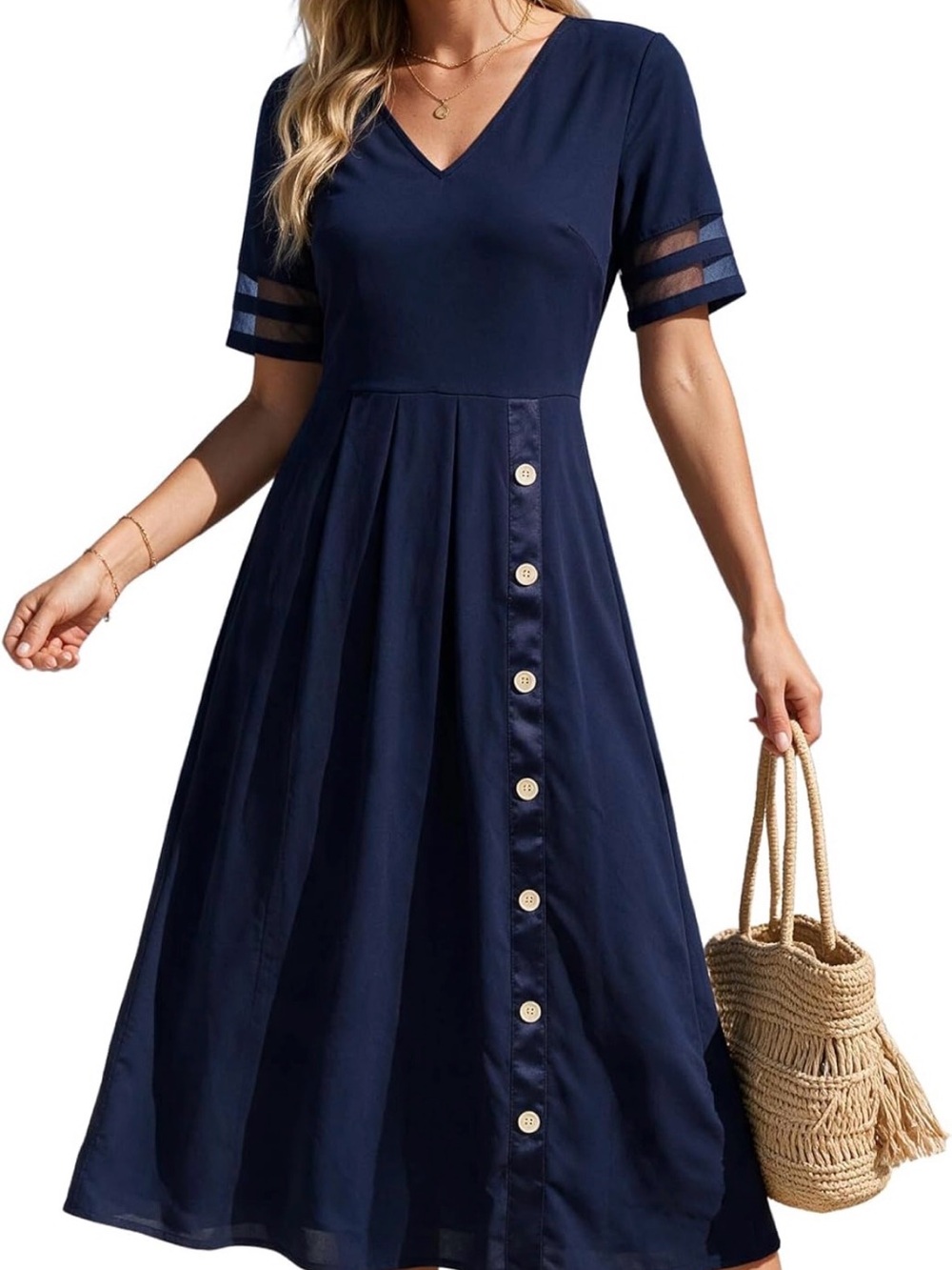 Women’s Navy V-Neck Button-Front Midi Dress